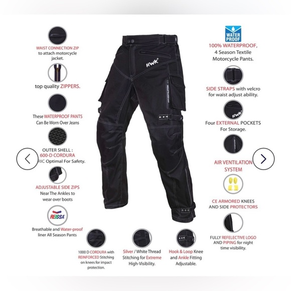 HWK Protective Cordura Motorcycle Pants, Black, Size XXL x 32” - Picture 10 of 13